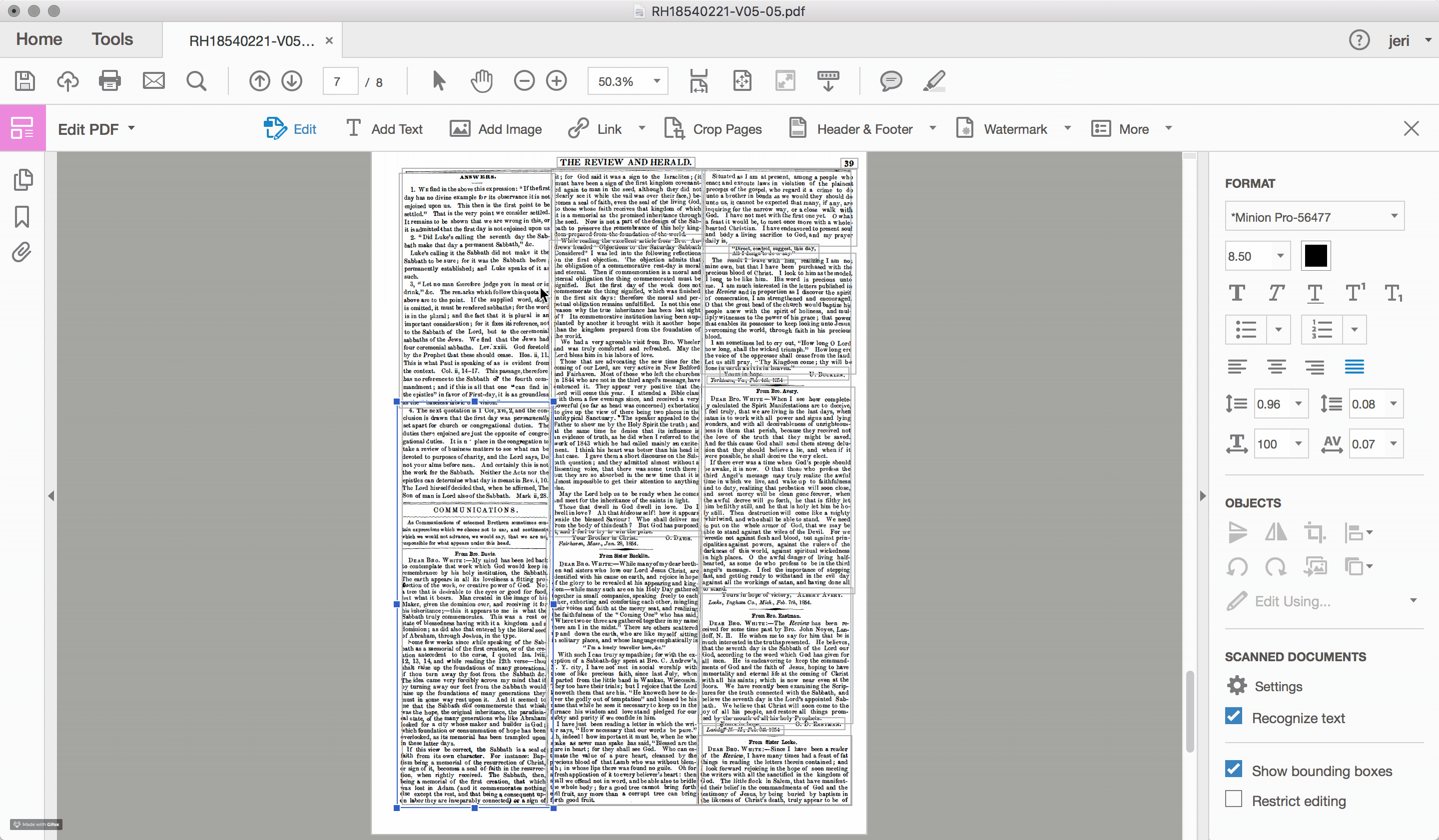 Figure 2.4: Layout of page 7 from The Advent Review and Sabbath Herald, volume 5.5 as analyzed by Adobe Acrobat Pro. Note that, although articles are split into multiple sections, overall the columns have been correctly parsed.